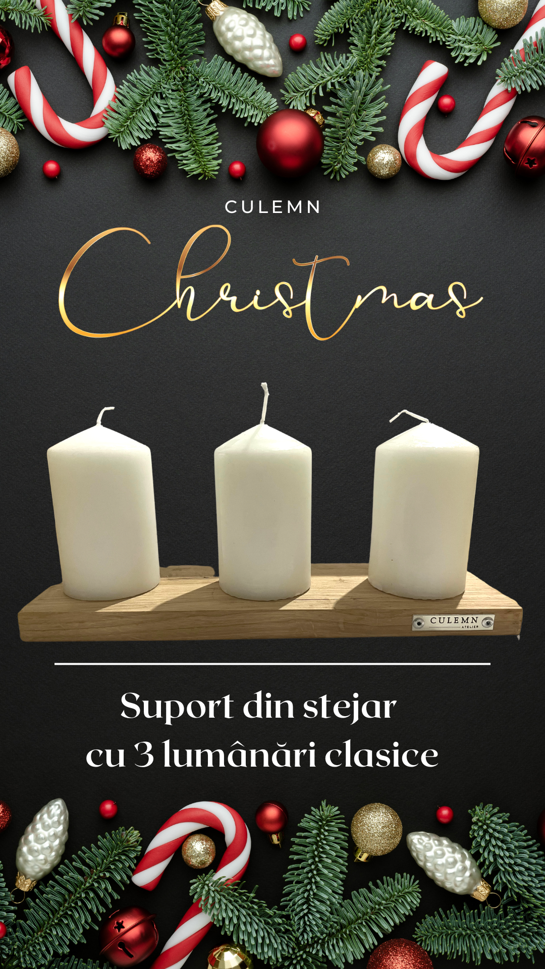 Set of 3 classic candles with LIGHT oak support