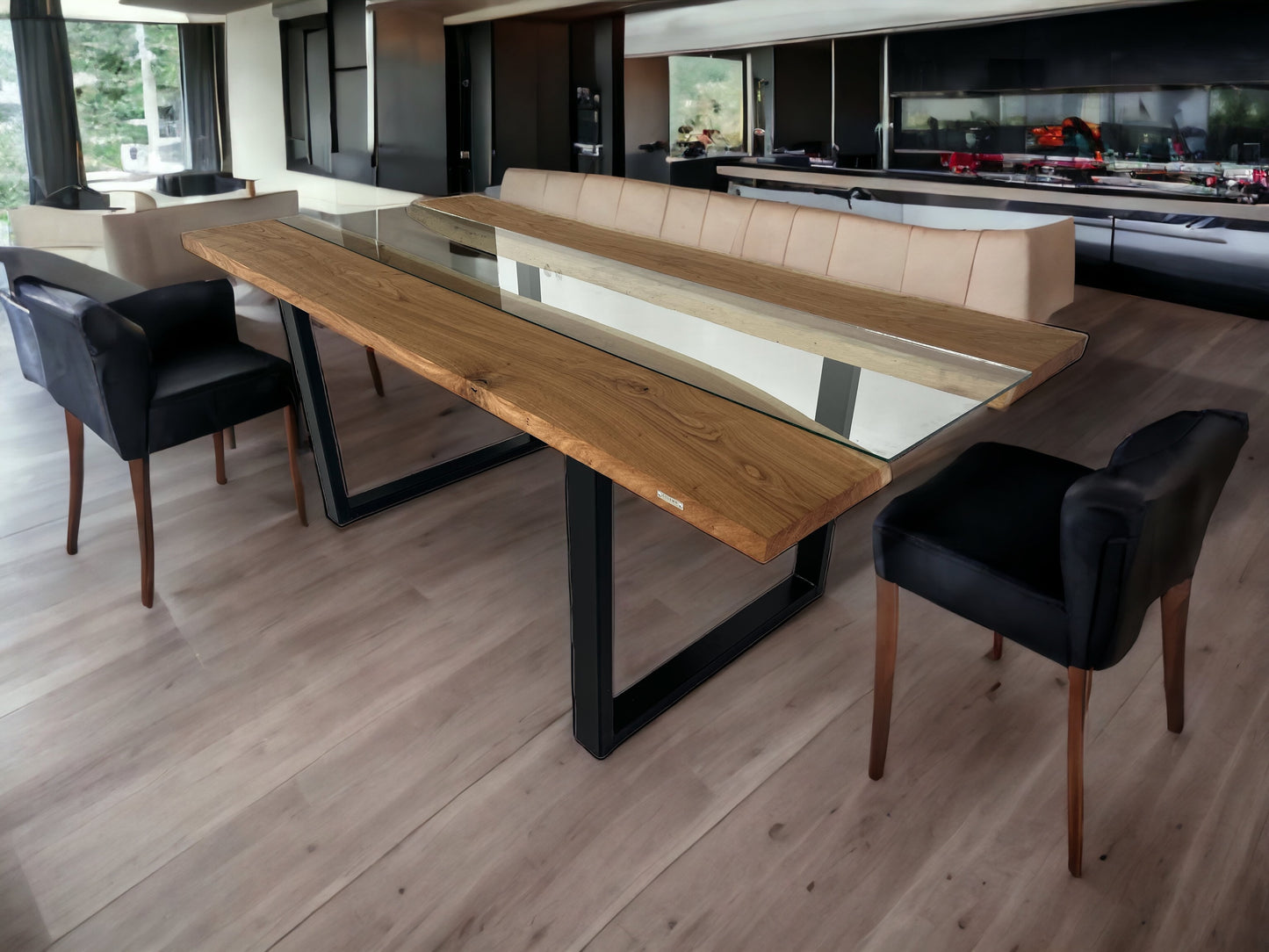 Solid oak table with natural edges, glass and ARON metal legs