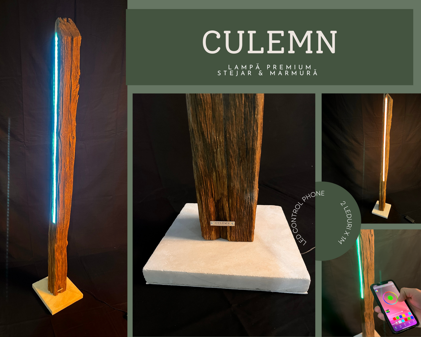 The lamp with 2 LED strips made of 450-year-old oak with a white LIFTER marble base