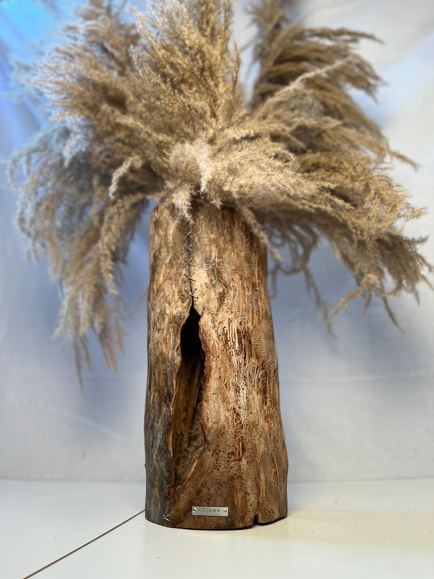 Natural hollow vase made of old wood sewn by hand TRINOS