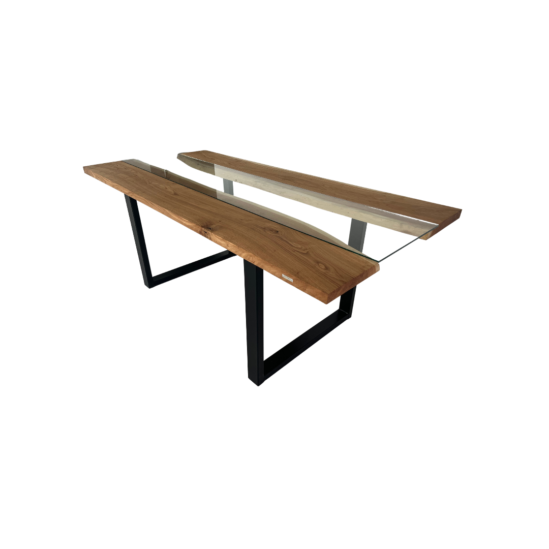 Solid oak table with natural edges, glass and ARON metal legs